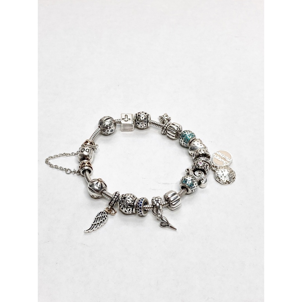 PANDORA Silver 8 inch Bracelet with 16 charms Gold Heart Drop chain AUTHENTIC